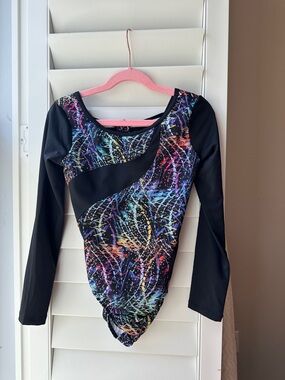 Black Long Sleeve Gym Leotard with Neon Splatter Design